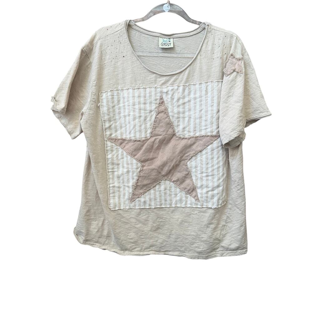 Jaded Gypsy Start Tee L/XL Boho Distressed Star T-Shirt Casual Relaxed Oversized